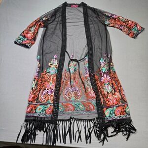 Black Sheer Embroidered Kimono Duster Paisley Fringe Boho Festival